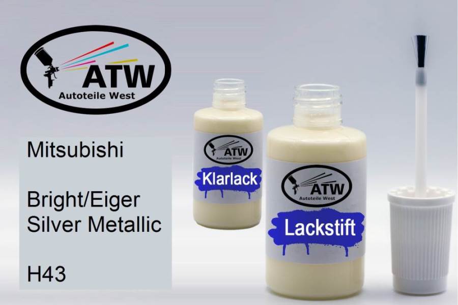 Mitsubishi, Bright/Eiger Silver Metallic, H43: 20ml Lackstift + 20ml Klarlack - Set, von ATW Autoteile West.